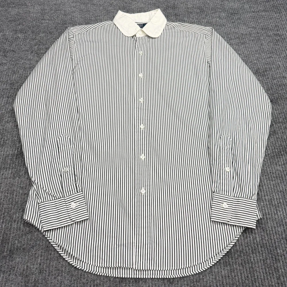 VTG Polo Ralph Lauren Shirt Mens Small Black White Pin Striped Peter Pan Collar